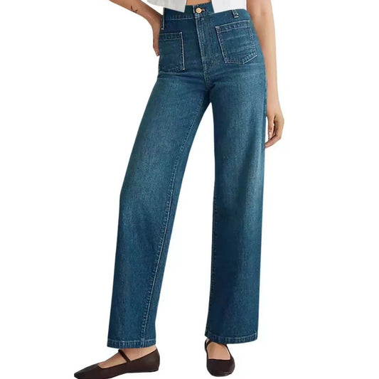 Washed Women's Jeans Wide Leg Trousers Square Pocket