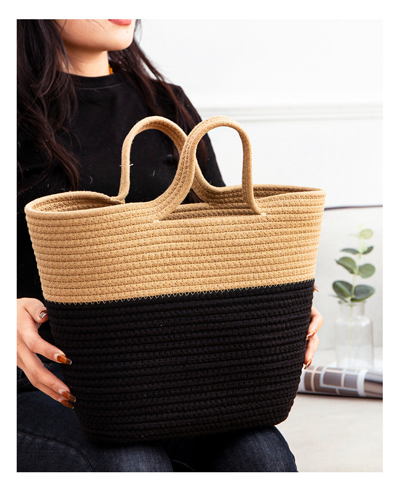 Fashion Color Blocking Straw Woven Cotton Bag