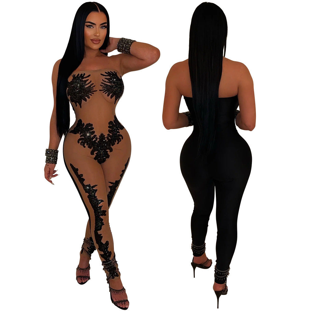 Women's Simple Mesh See-through Sequin Bandeau Slim-fit Jumpsuit