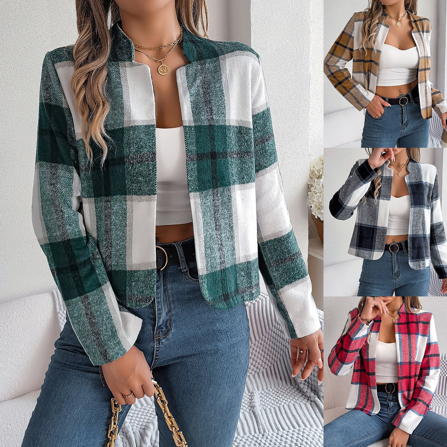 Plaid Long Sleeve Woolen Cloth Sets