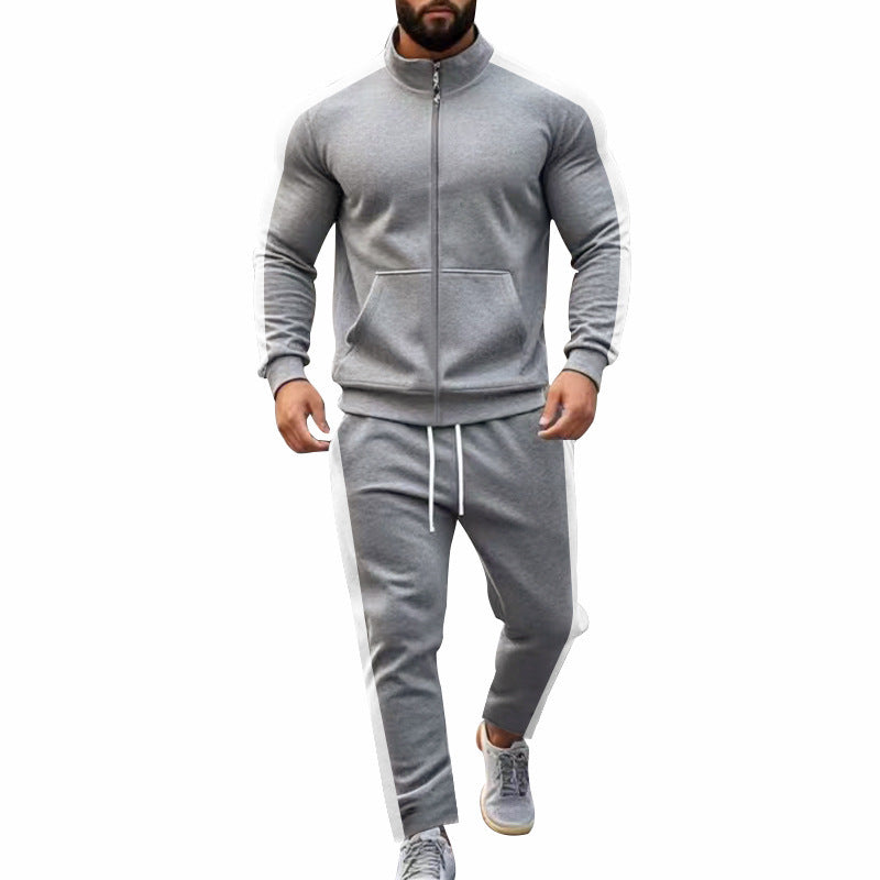 Autumn And Winter Two-piece Set Contrast Color Stand-up Collar Casual Sports Jacket Sweater Men's Suit