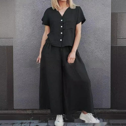 Women's Solid Color Short-sleeved Shirt Wide-leg Pants Suit