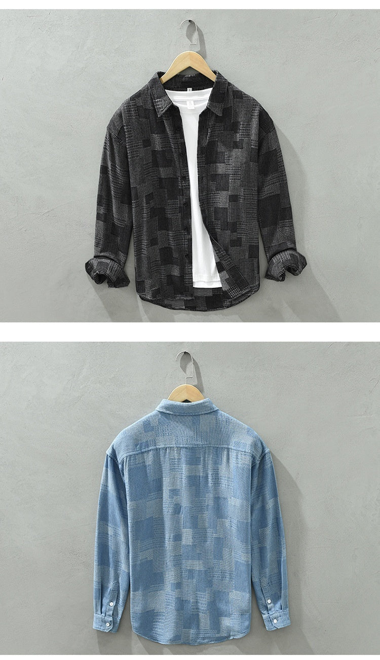 Jacquard Color Matching Casual Denim Long-sleeved Shirt Men's Loose Shirt Coat