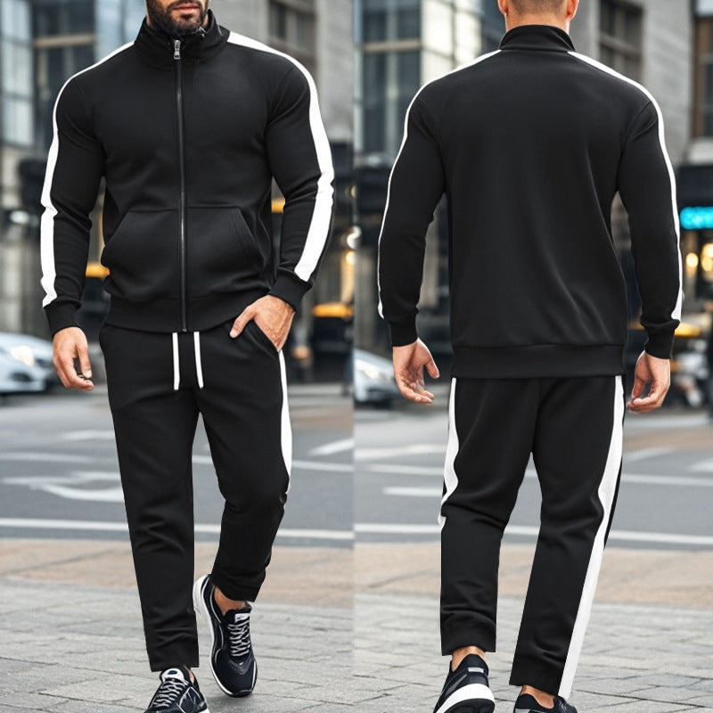 Autumn And Winter Two-piece Set Contrast Color Stand-up Collar Casual Sports Jacket Sweater Men's Suit