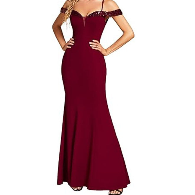 Women's Clothing Off-neck Sling Evening Long Dress