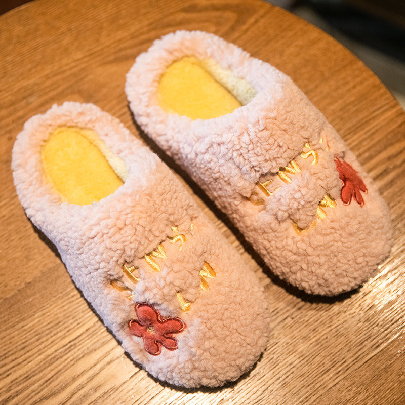 Ins Cute Flower Fleece Slippers Winter Warm Bedroom Floor Slippers Indoor Non-slip Plush Shoes For Women