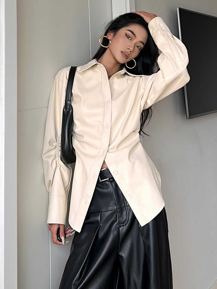 Retro Women's PU Leather Pointed Collar Bottoming Shirt