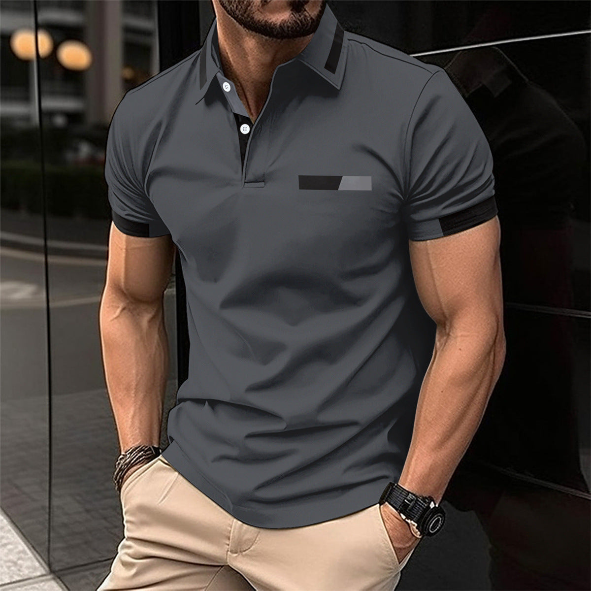 Men's Casual Polo Shirt Chest Faux Pocket Lapel Button Business T-shirt