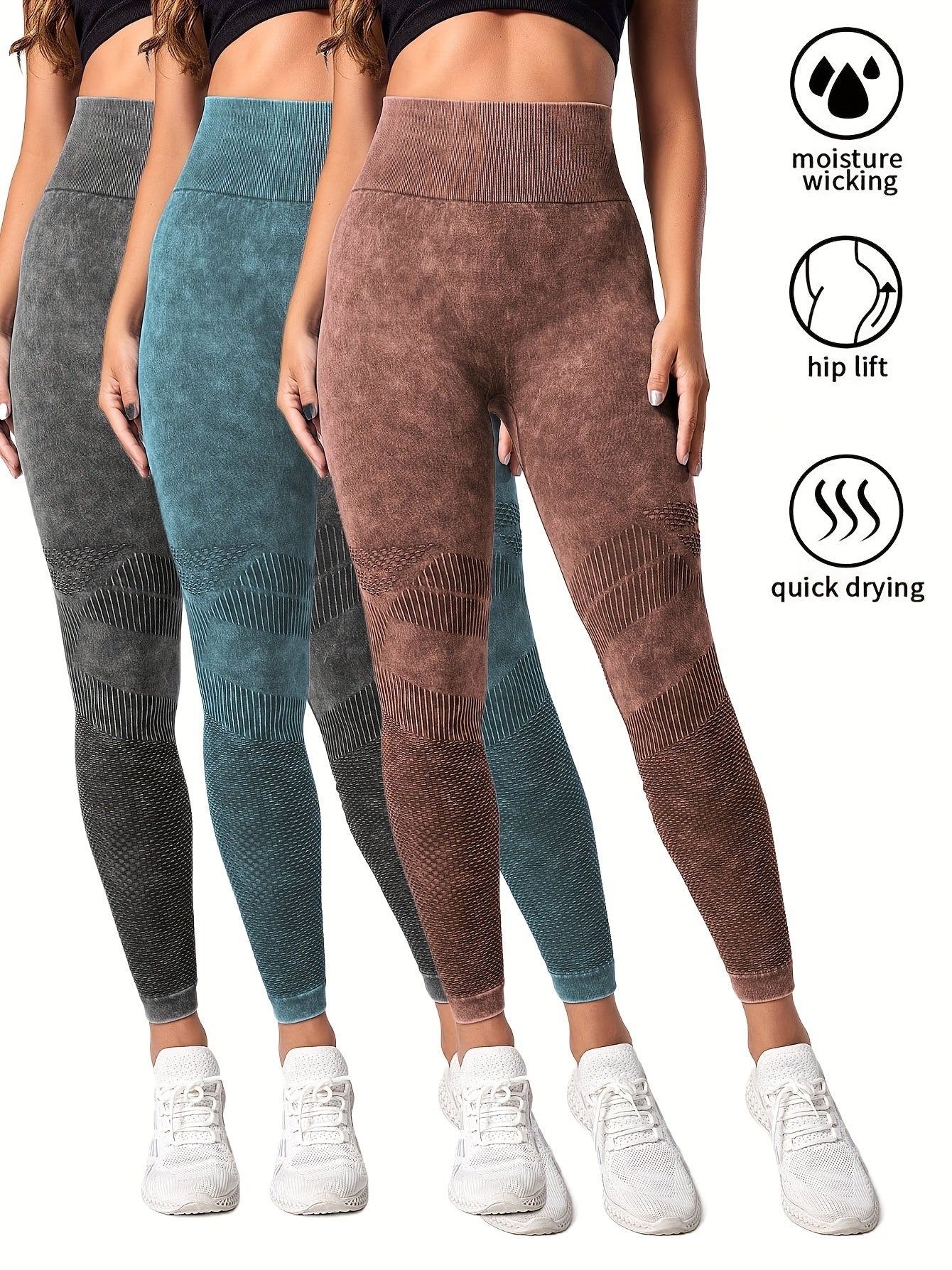 3 Pack Women's Seamless Washed Wide Waistband Sports Leggings, Women's High Waist Yoga Leggings, Textured Tummy Control Ruched Booty Tights Push Up Yoga Pants