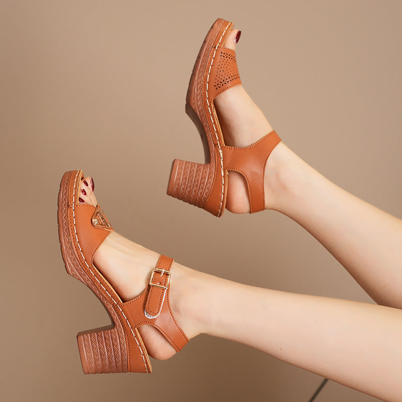 Face Buckle Chunky Heel High Heel Sandals Female