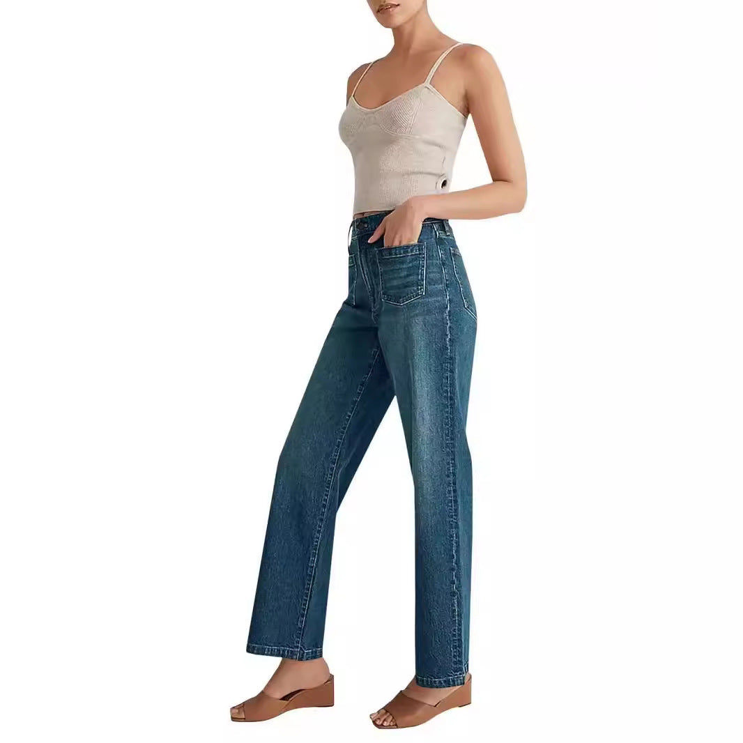 Washed Women's Jeans Wide Leg Trousers Square Pocket