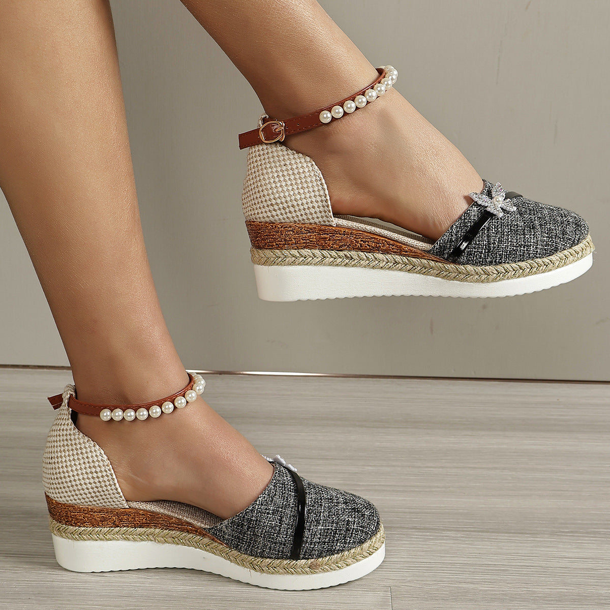 Women's Wedge Bow Sandals Straw Rope Woven