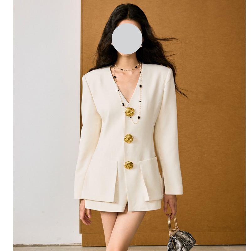 White Small Suit V-neck Embossed Metal Buckle Waist Trimming Coat Women