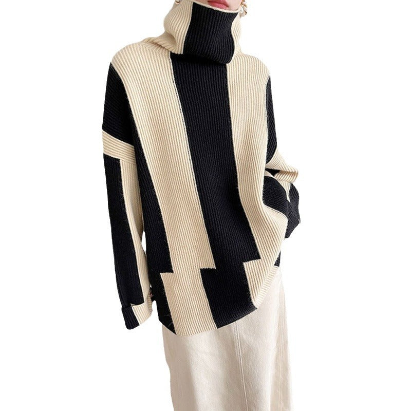 Idle Style Turtleneck Pullover Black And White Striped Sweater For Women