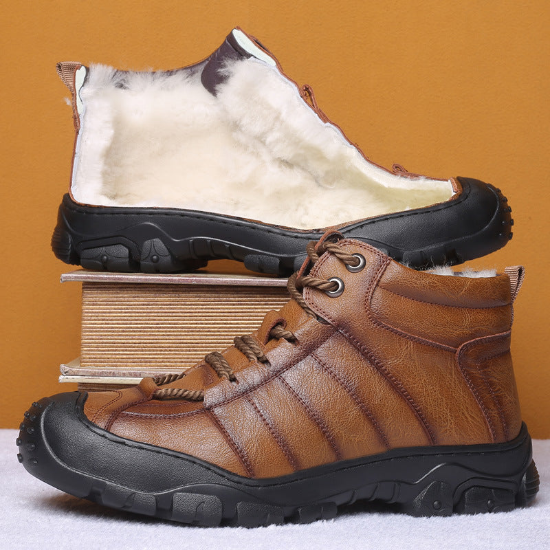 Warm Men's Outdoor Mountaineering Plush Leather Shoes