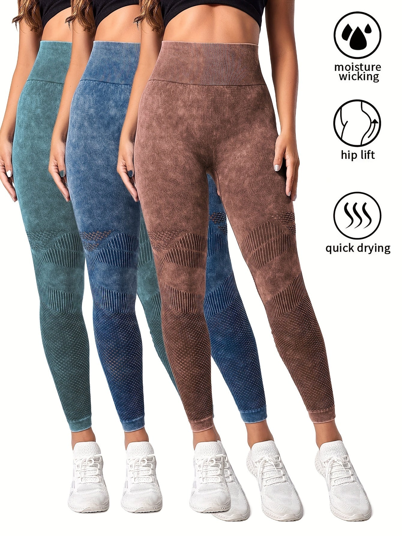 3 Pack Women's Seamless Washed Wide Waistband Sports Leggings, Women's High Waist Yoga Leggings, Textured Tummy Control Ruched Booty Tights Push Up Yoga Pants