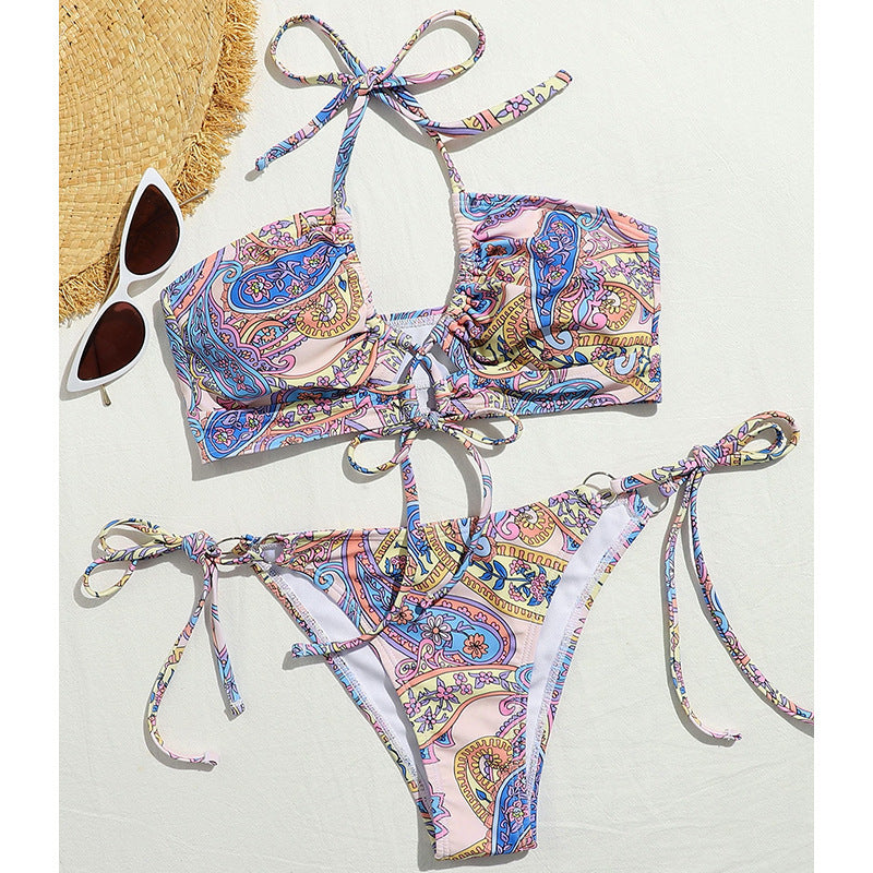 European And American New Floral Bikini Adjustable Tight Lace-up Backless In Stock Bikini Swimsuit