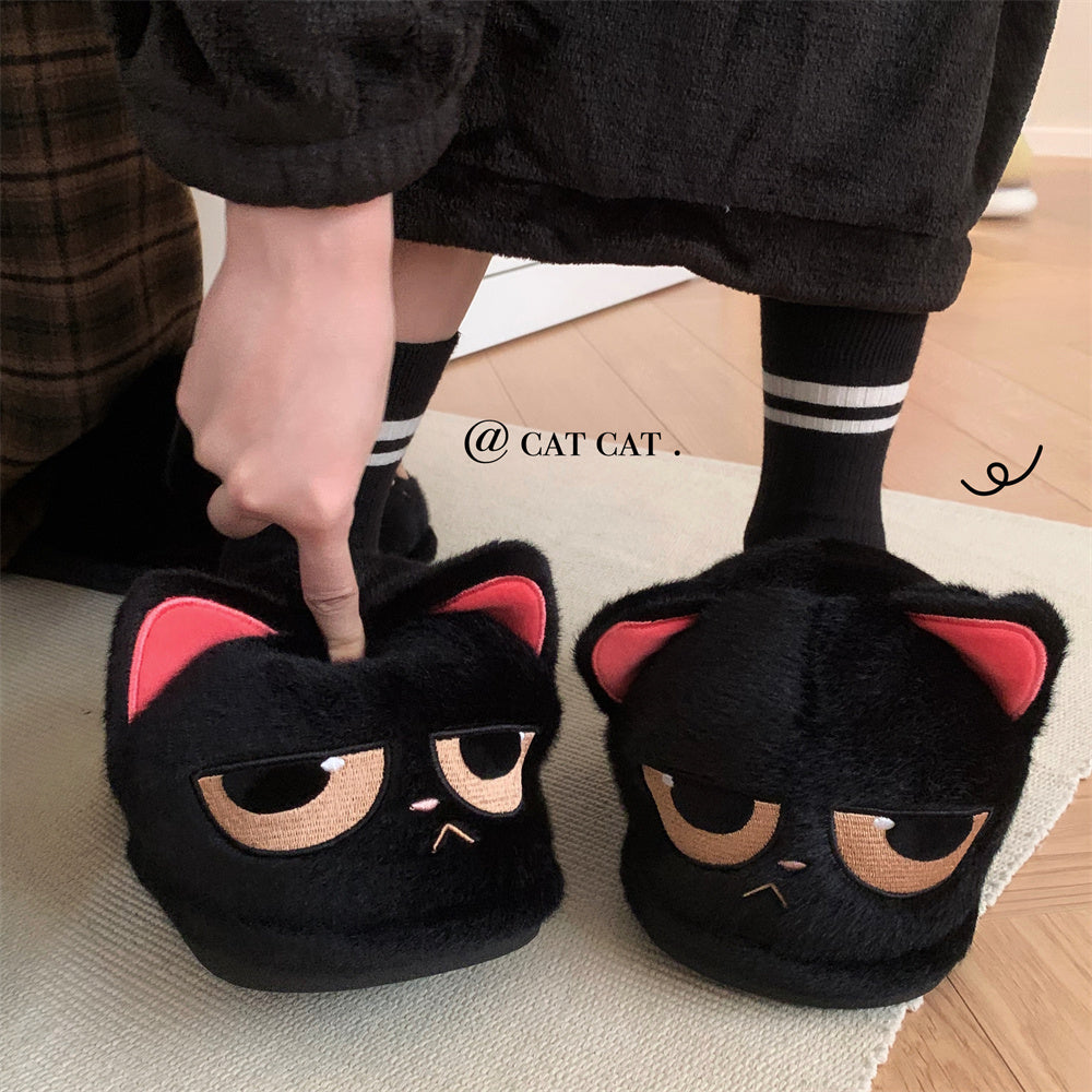 Angry Little Black Cat Cute Anti Slip Warm Furry Home Shoes