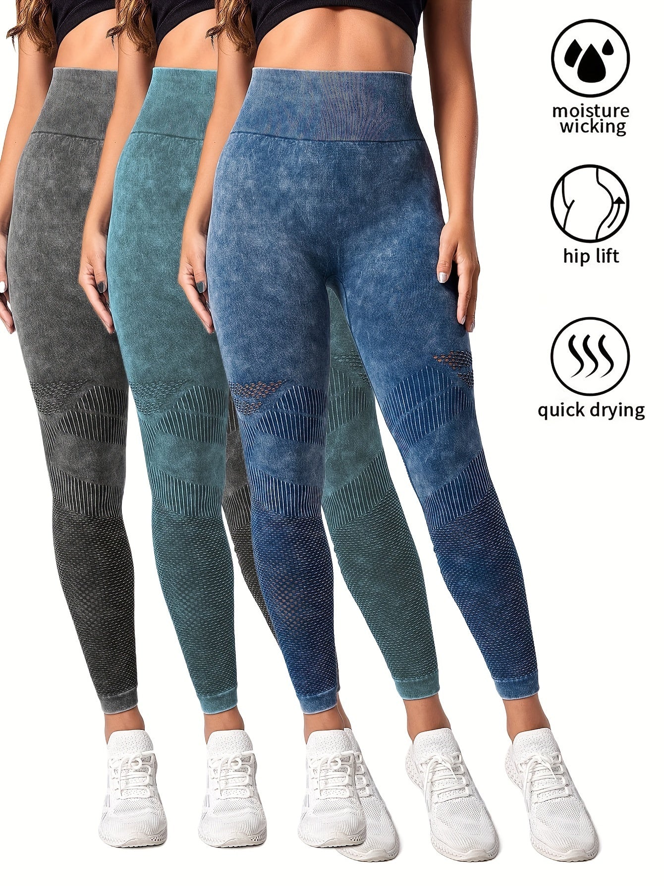 3 Pack Women's Seamless Washed Wide Waistband Sports Leggings, Women's High Waist Yoga Leggings, Textured Tummy Control Ruched Booty Tights Push Up Yoga Pants