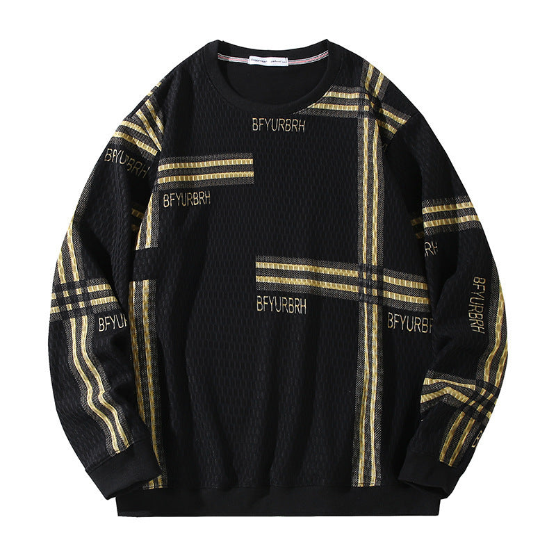 Men's Striped Round Neck Sweater Fleece-lined Thickened