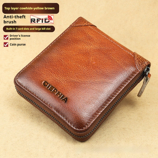 Men's Wallet Leather Short Anti-theft Swiping Zipper Multifunctional