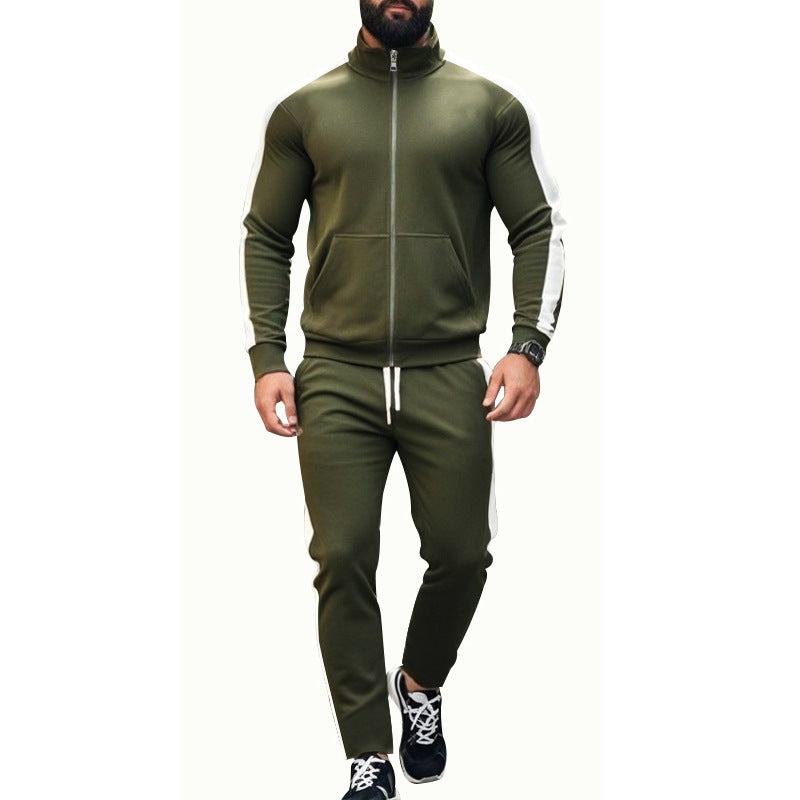 Autumn And Winter Two-piece Set Contrast Color Stand-up Collar Casual Sports Jacket Sweater Men's Suit