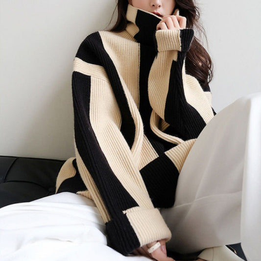 Idle Style Turtleneck Pullover Black And White Striped Sweater For Women