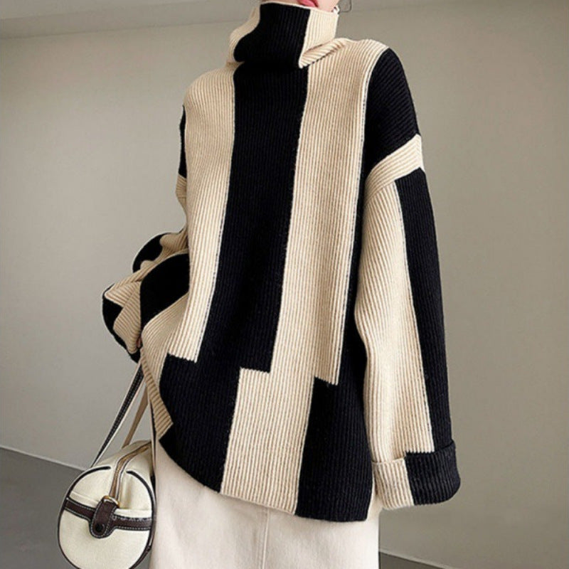 Idle Style Turtleneck Pullover Black And White Striped Sweater For Women