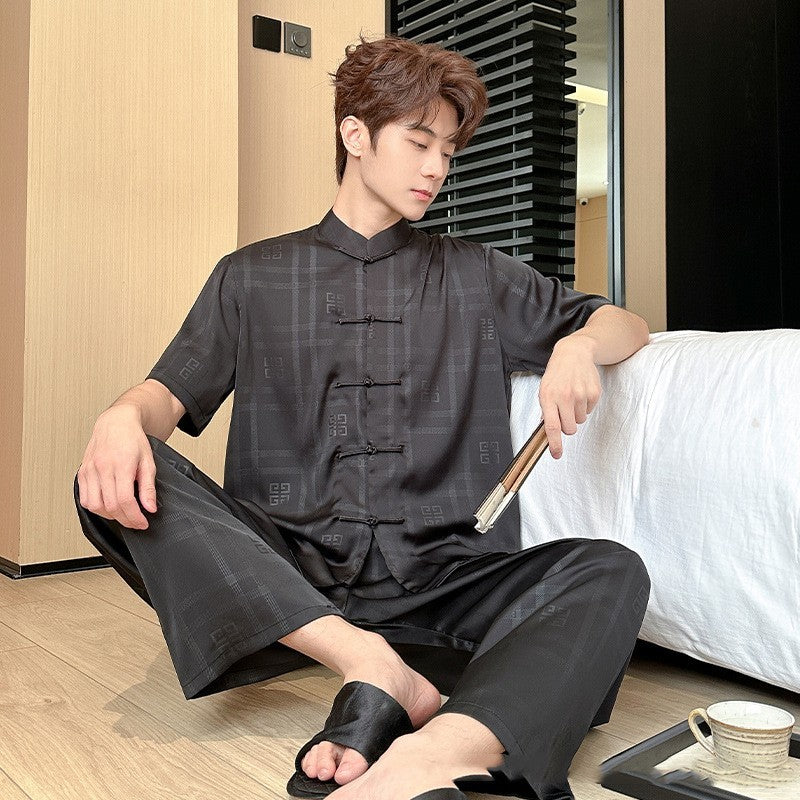 Summer Men's Pajamas Ice Silk Trousers Short Sleeve Suit