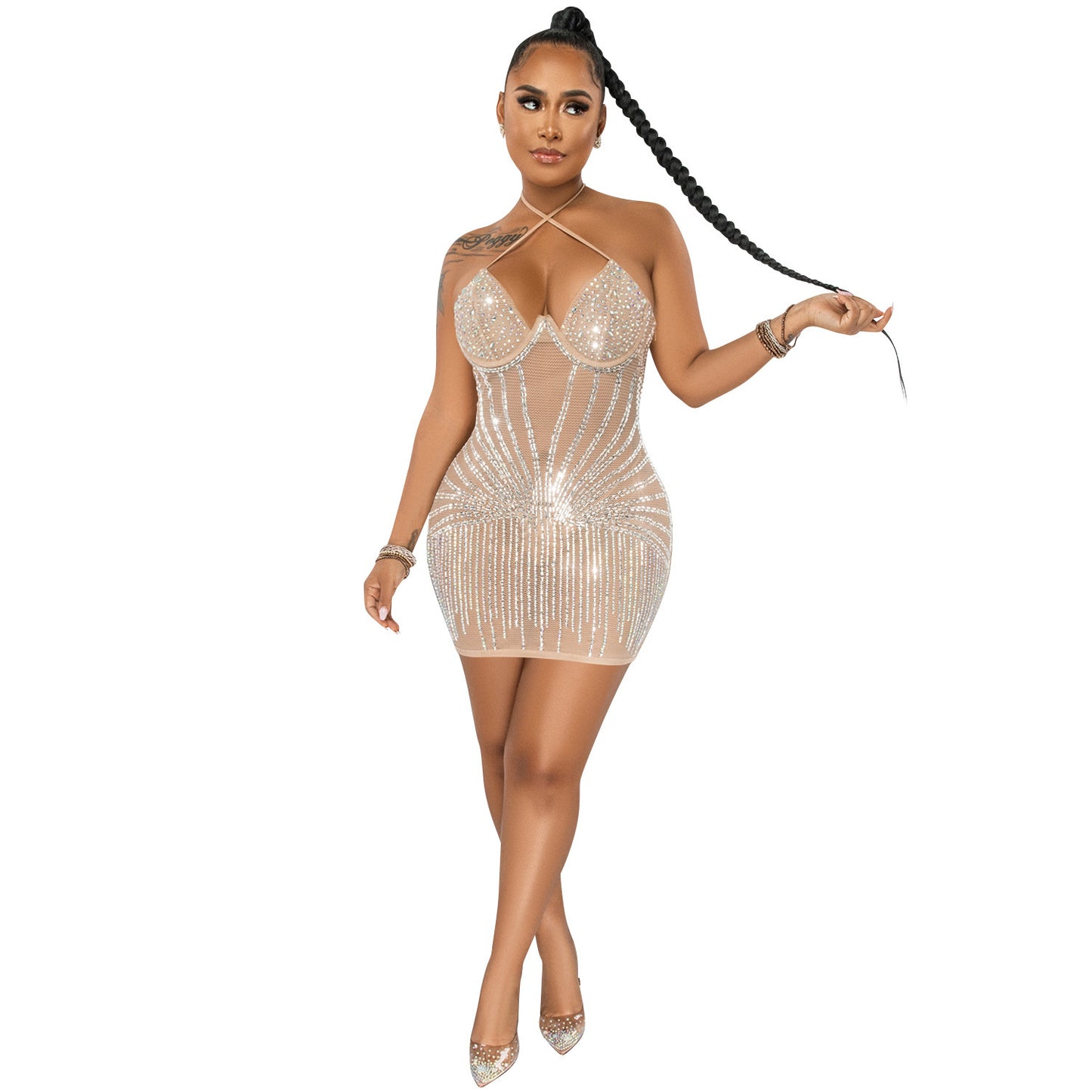 Sling Wrapped Chest Rhinestone Mesh Perspective Skirt Dress