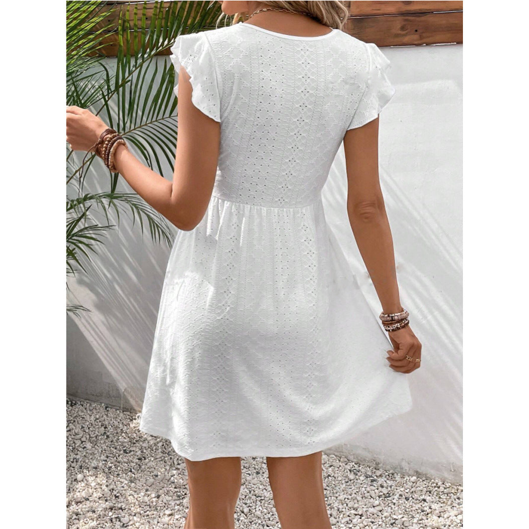 Knitted Jacquard Hollow Elastic See-through Lace Butterfly Sleeve Dress