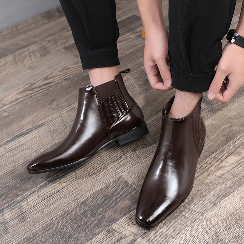 Pointed Toe Chelsea-style Boots For Men Fashion British Style Square Heel Business Formal Leather Shoes