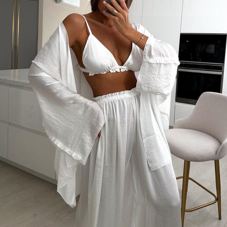 Ruffled Spaghetti Straps Vest Long Sleeve Cardigan Top Loose Wide Leg Pants Three-piece Set