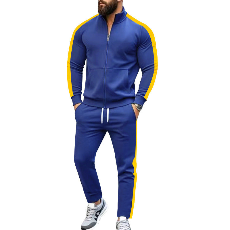 Autumn And Winter Two-piece Set Contrast Color Stand-up Collar Casual Sports Jacket Sweater Men's Suit