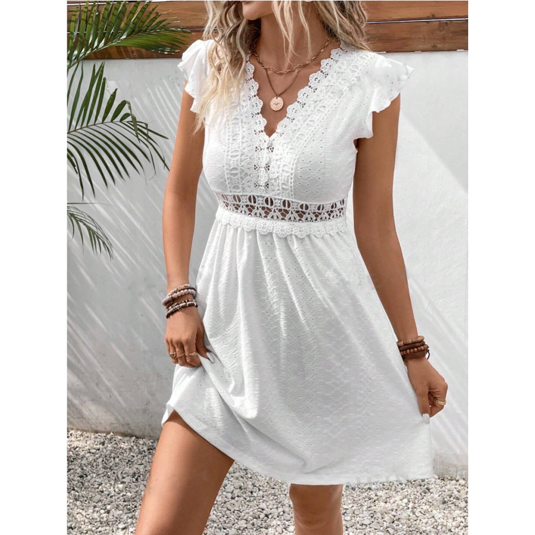 Knitted Jacquard Hollow Elastic See-through Lace Butterfly Sleeve Dress