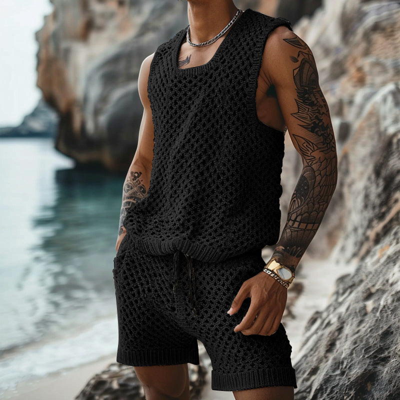 Casual Vertical Pattern Suit Slim Lapel Short Sleeve Button Shirt Shorts