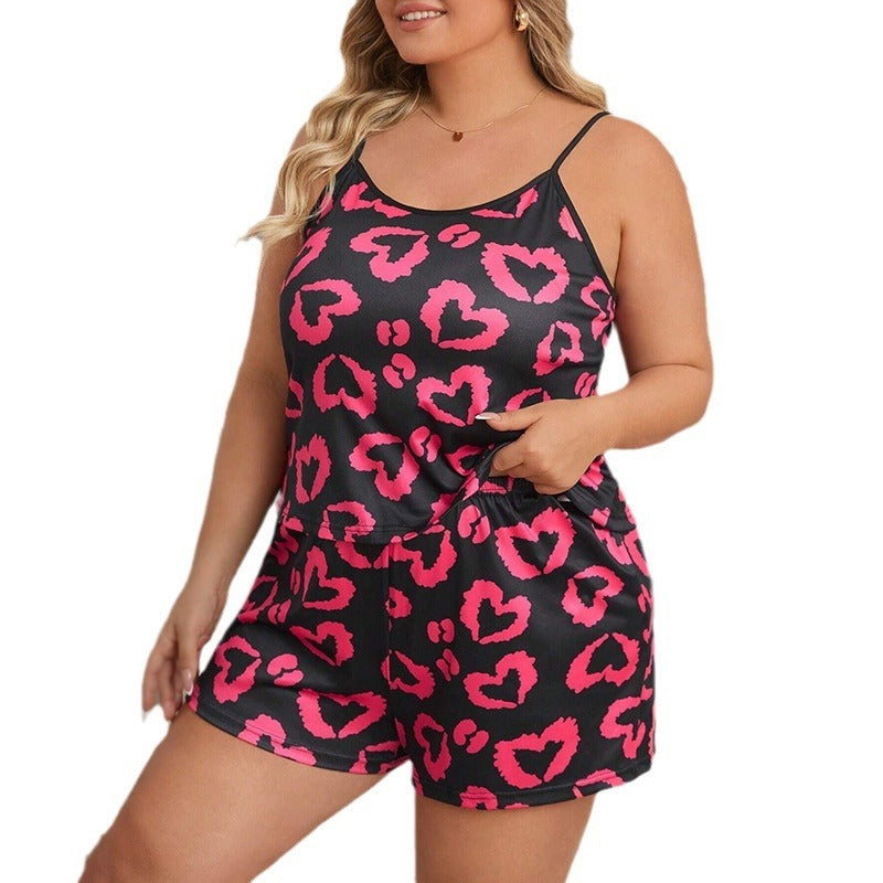 Casual Homewear Female Plus Size Heart Printing Suspender Shorts