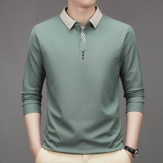 New Men's Autumn Business Fit Solid Color Polo Collar Bottoming Shirt