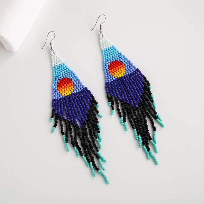 Europe And America Creative Sea Sunrise Landscape Tassel Earrings Female Ethnic Style Long Handmade Bead