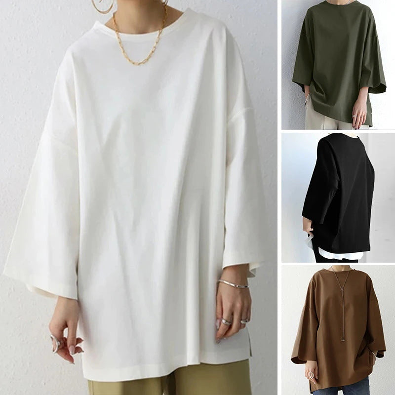 Women's Spring And Summer Solid Color Crew Neck Split Long Sleeve Loose Top