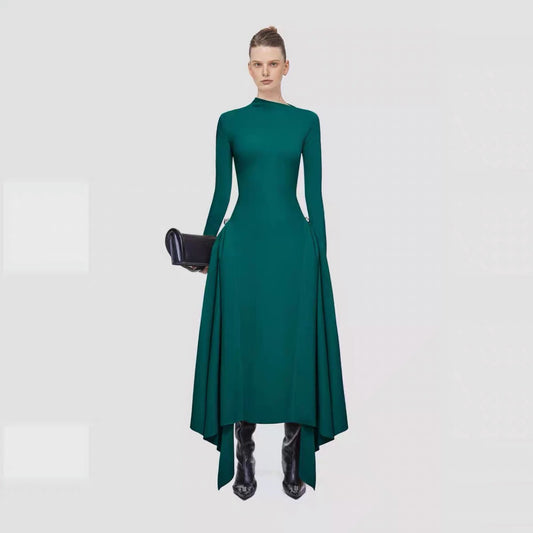 High-grade Diagonal Collar Asymmetric Large Swing Dress Simple Graceful