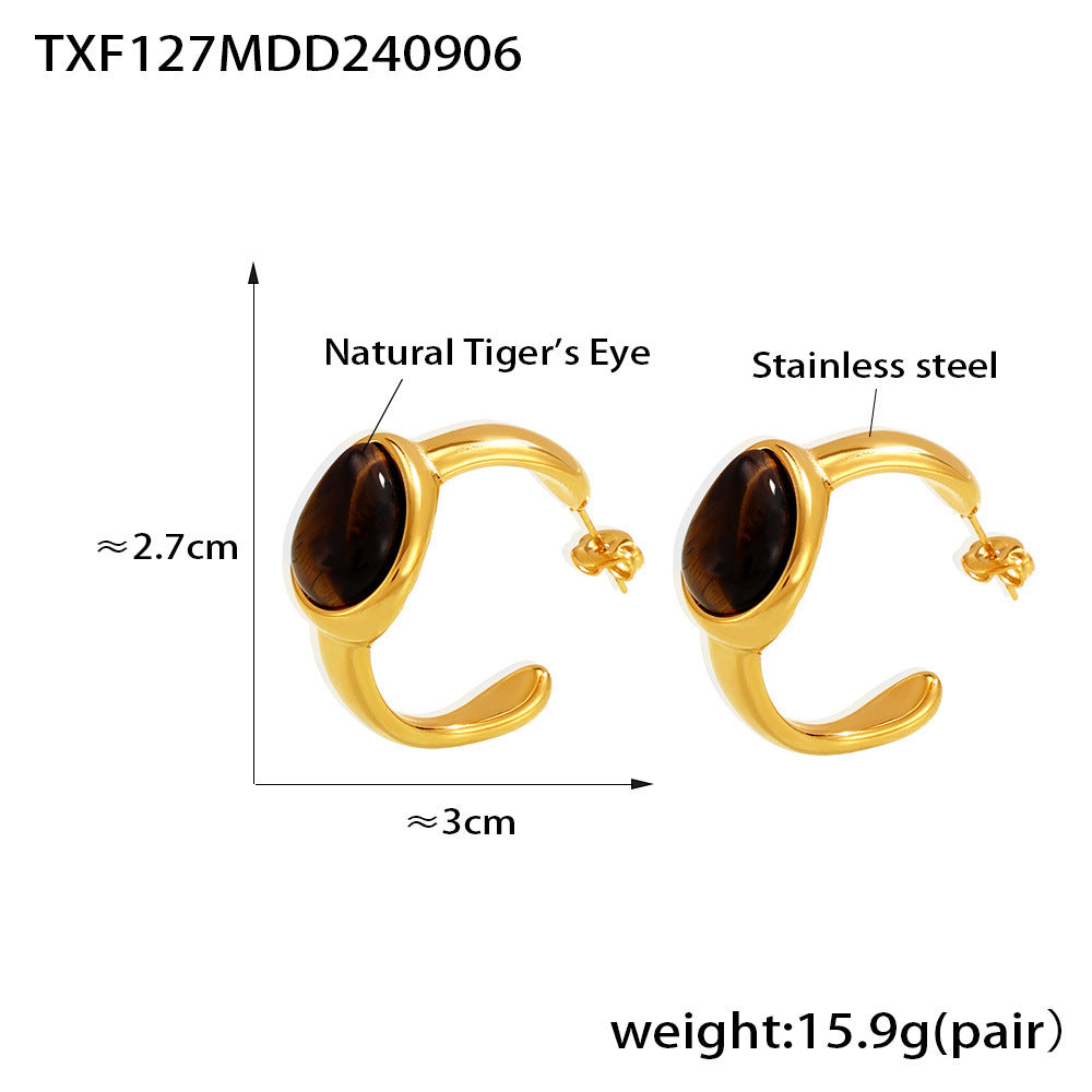 Tigereye C- Shaped Earrings Open Ring