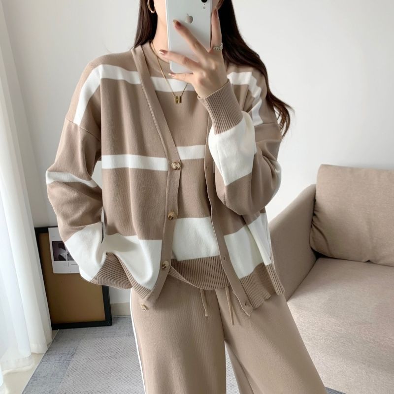 Autumn And Winter Simple Design Striped Knitted Three-piece Set