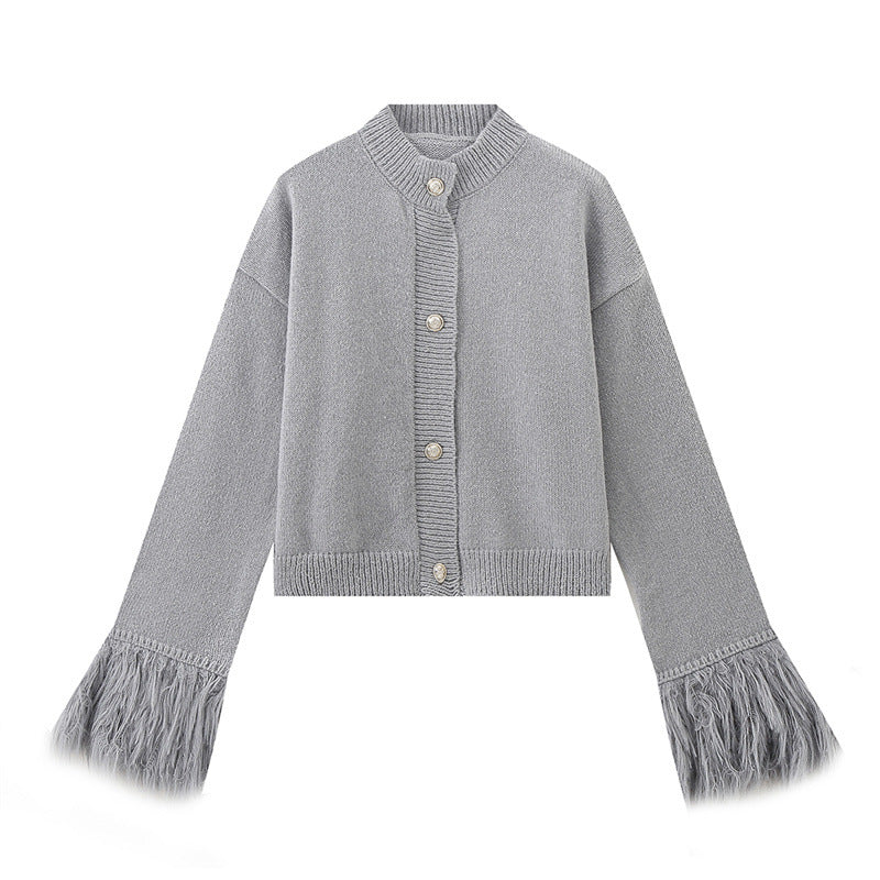 Mid-length Cuff Fur Stitching Cardigan Sweater