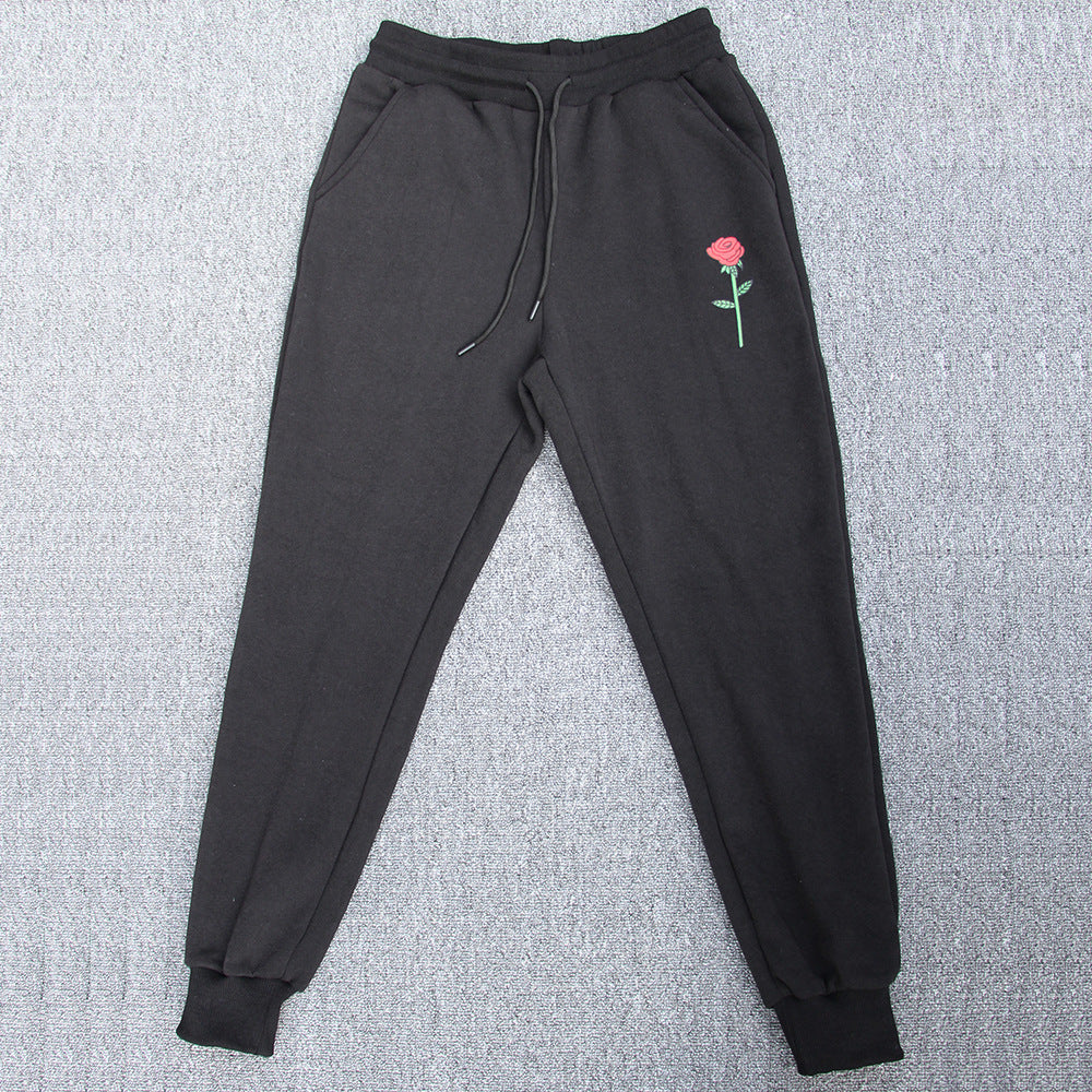 European And American Men's Autumn And Winter Leisure Fleece Warm Rose Printed Trousers