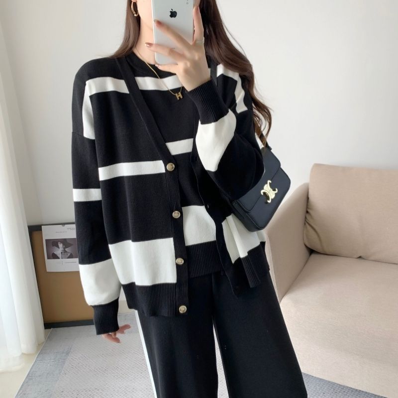 Autumn And Winter Simple Design Striped Knitted Three-piece Set