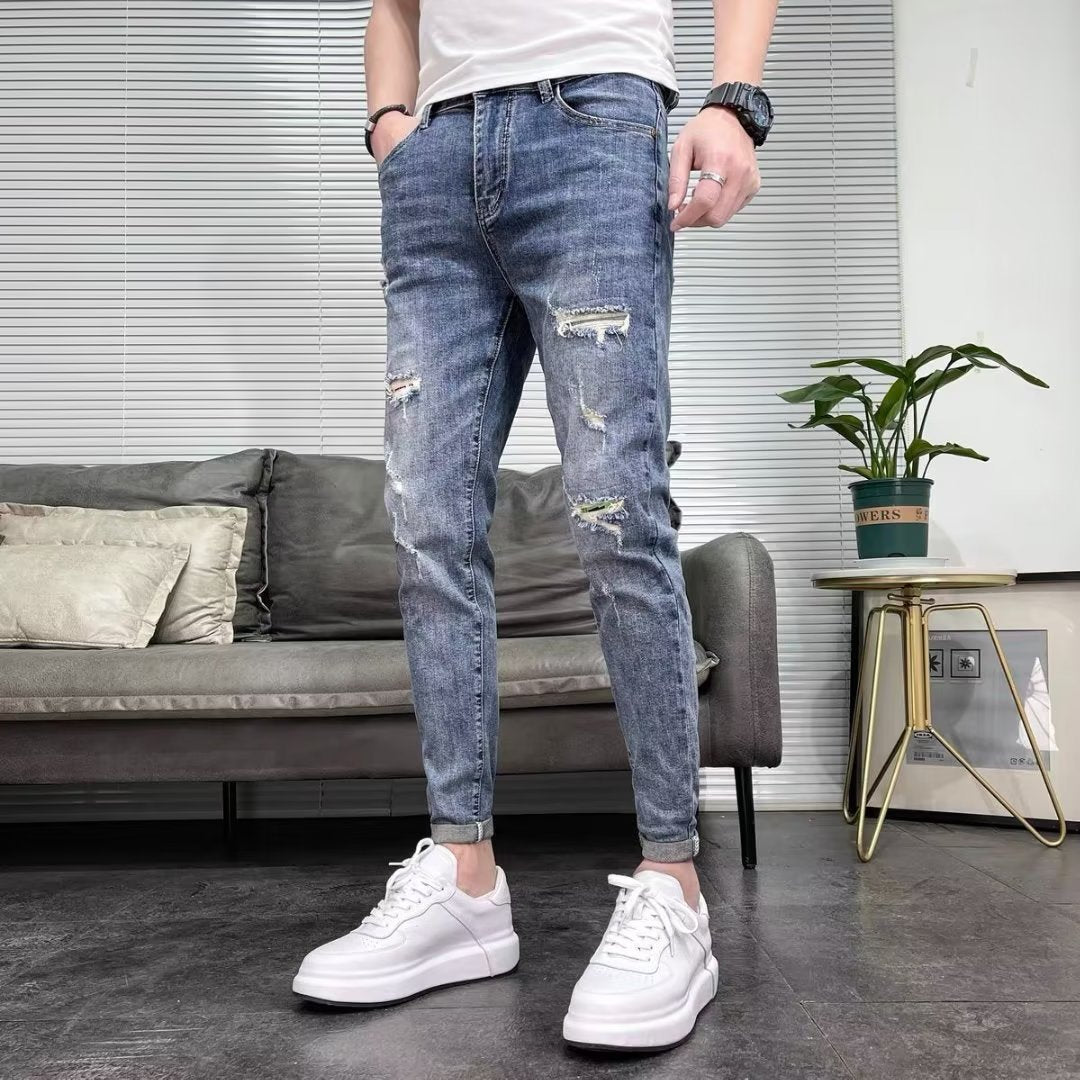 Spring And Autumn New Men's Fashion Ripped Jeans Skinny Pants Trendy Brand Pants Spring And Autumn Thin