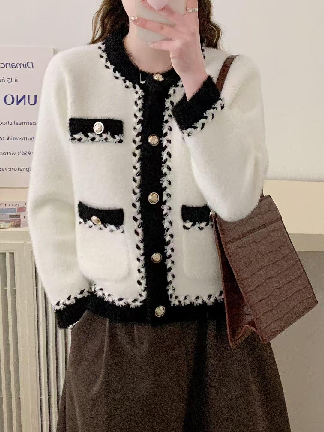 New French Classic Style Black And White Sweater Cardigan Coat