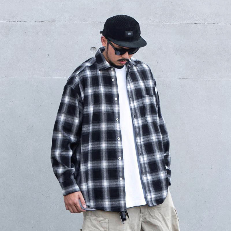 Japanese Style Plaid Long Sleeve Shirt Men Loose-fitting Workwear Jacket