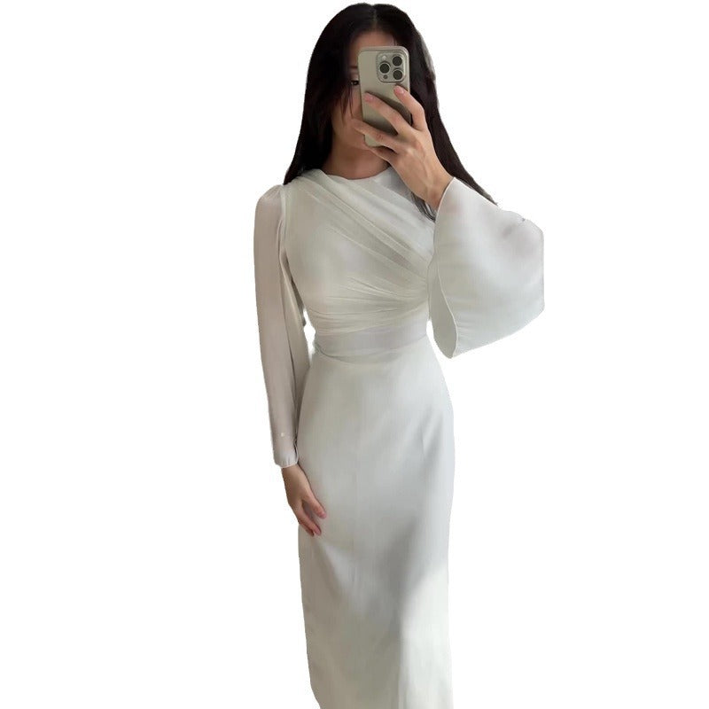 Women's New Fashionable Elegant Solid Color Waist Tight Long Sleeve Dress